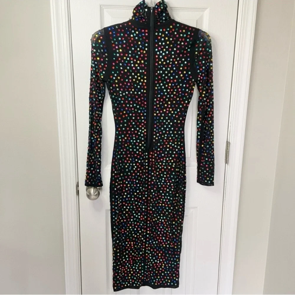 AKIRA Multicolored Rhinestone Bodycon Black Midi Dress Nylon Size Small - Picture 2 of 10
